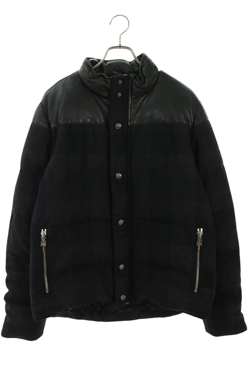 Leather Paneled Hooded Check Down Jacket