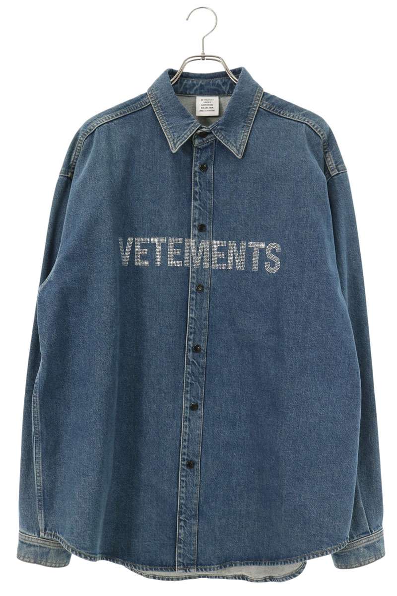 VETEMENTS ラインストーンロゴデニム長袖シャツ